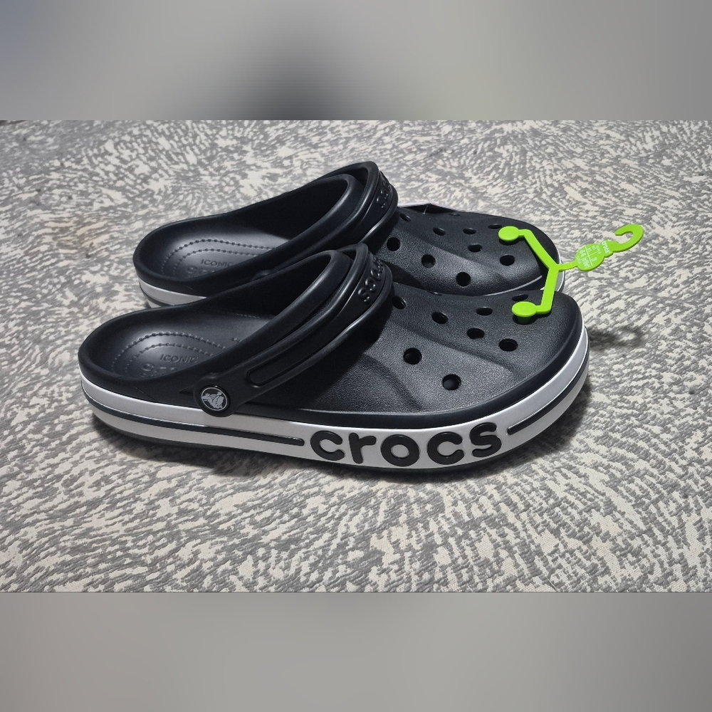 CROCS Black Slip-On Sandals with White Accents